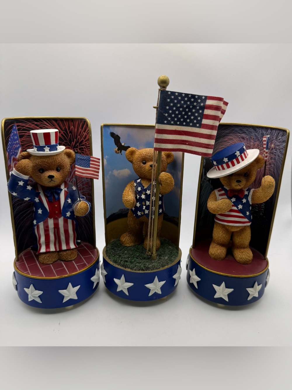 Vintage American Liberty Bells Patriotic Teddy Bear Music Boxes - Red White Blue